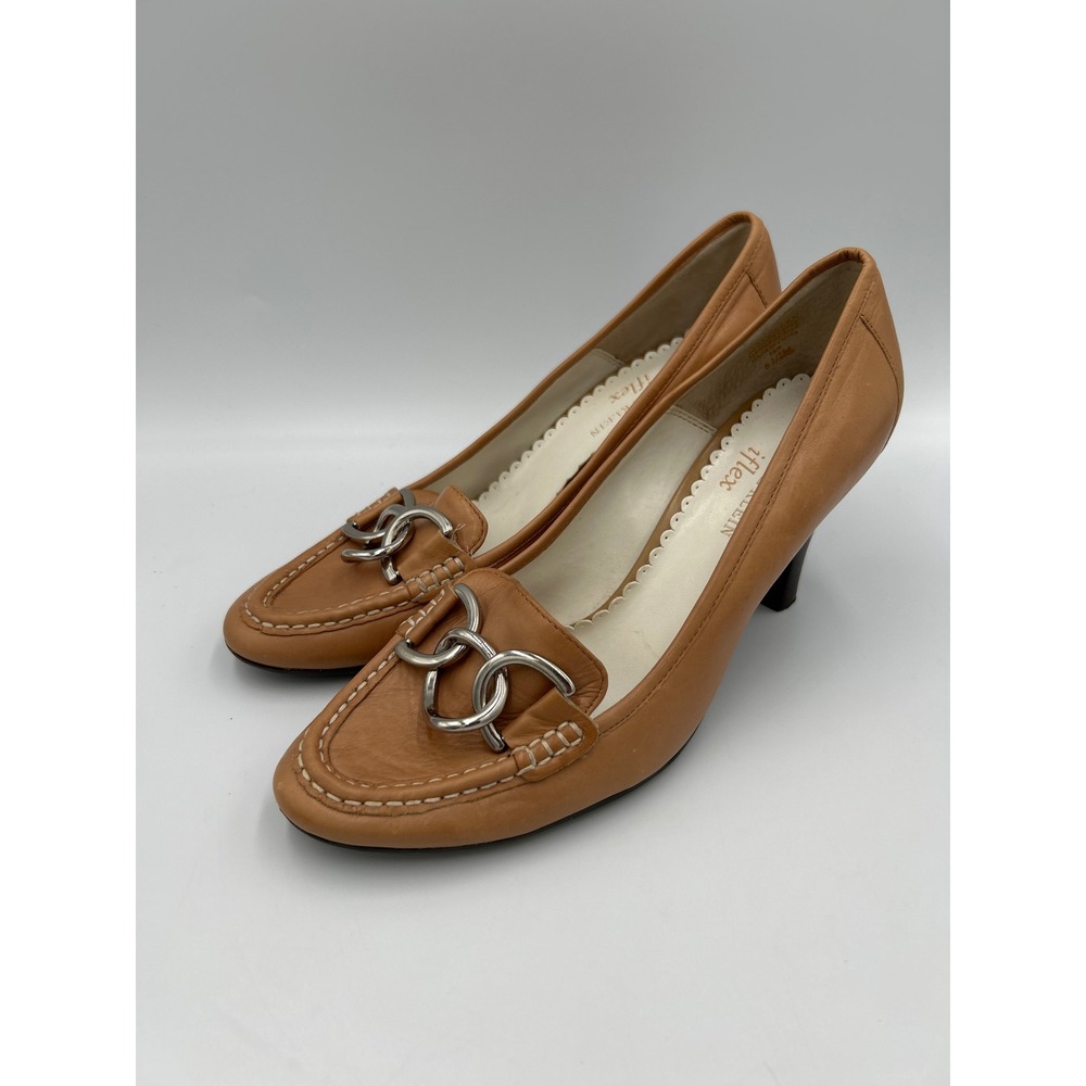 Anne Klein iFlex Tan Leather Loafer Pumps Silver Horsebit Heels 6.5 M